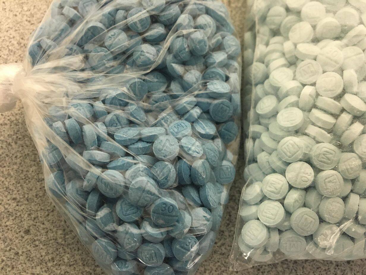 Large quantities of blue and white fentanyl pills in plastic bags, illustrating the scale of illicit opioid distribution