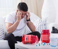 Distressed man holding his head, surrounded by supplement containers and pills on a coffee table