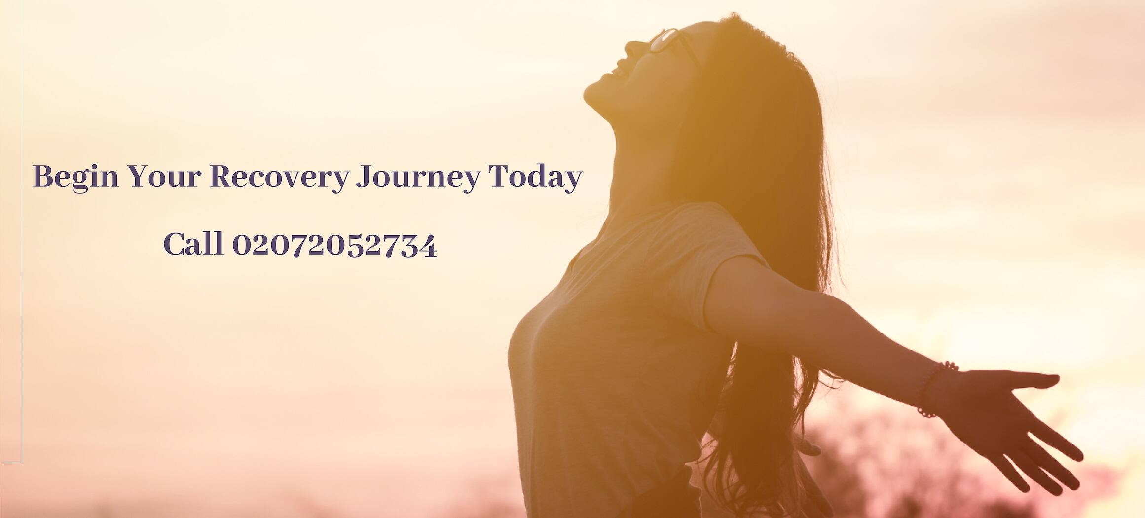 Silhouette of woman with arms outstretched against sunset, text reads 'Begin Your Recovery Journey Today Call 02072052734