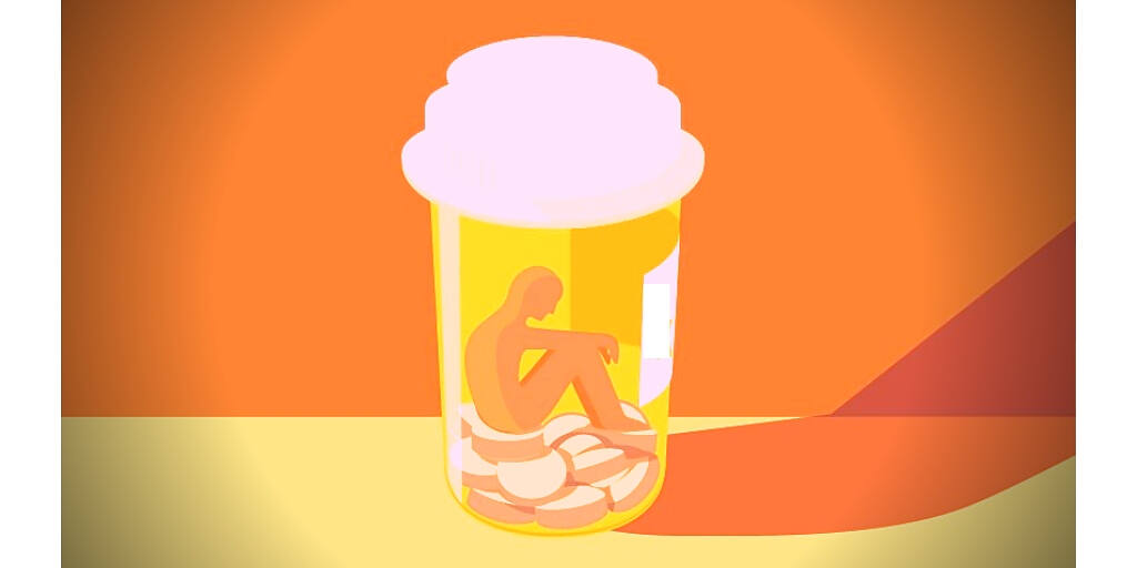 Illustration of a person trapped inside a prescription pill bottle, symbolizing the confinement and isolation of opiate addiction