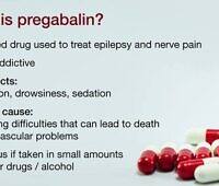 Infographic explaining pregabalin: a prescribed drug for epilepsy and nerve pain, its addictive potential, side effects, and dangers when mixed with other substances