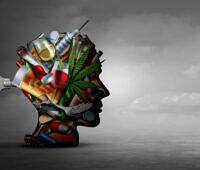 Silhouette of a human head filled with various drugs, alcohol, and paraphernalia, with a wind-up key in the back, symbolizing addiction's control over the mind