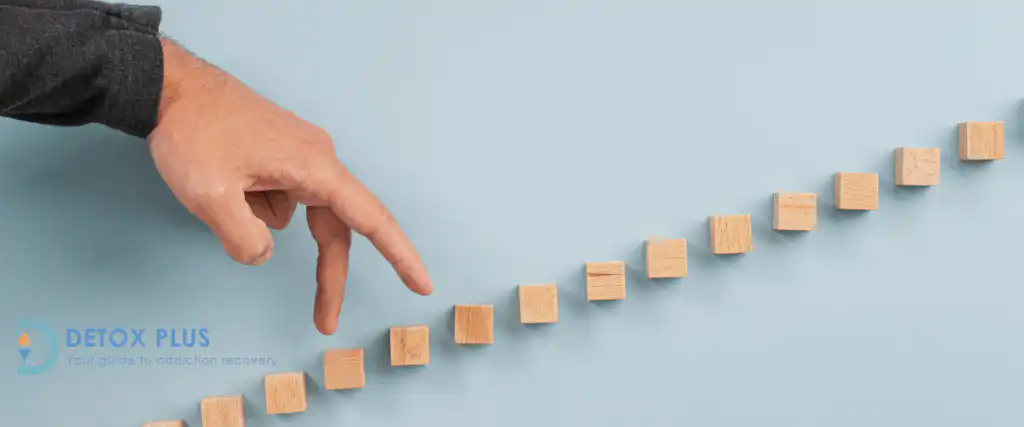 Man's hand with fingers stepping up a series of wooden steps on a wall