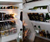 Refrigerator filled with various alcoholic beverages including beer, wine, and spirits, indicating excessive alcohol consumption