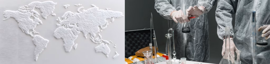 image of a map of the world and people making cocaine in a lab with protective clothing on