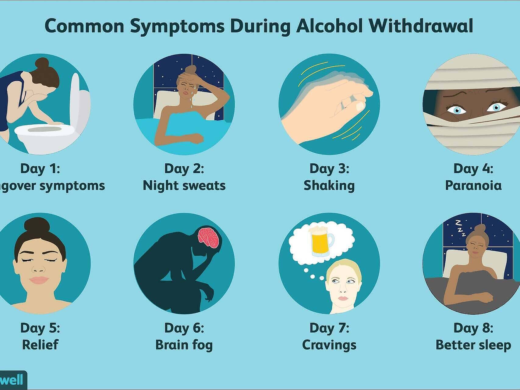 Infographic showing common symptoms during alcohol withdrawal over 8 days, including hangover, night sweats, shaking, paranoia, relief, brain fog, cravings, and improved sleep