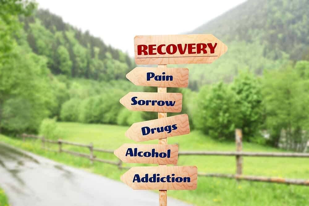 Wooden signpost showing 'Recovery' pointing upwards, with other signs pointing to 'Pain', 'Sorrow', 'Drugs', 'Alcohol', and 'Addiction' against a serene natural background