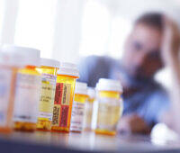 Multiple prescription medication bottles in foreground with blurred image of distressed person holding head in background, illustrating struggle with prescription drug dependence