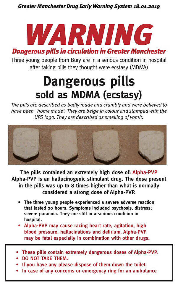 Warning poster about dangerous pills sold as MDMA in Greater Manchester, containing extremely high doses of Alpha-PVP, with image of beige, crumbly pills stamped with UPS logo