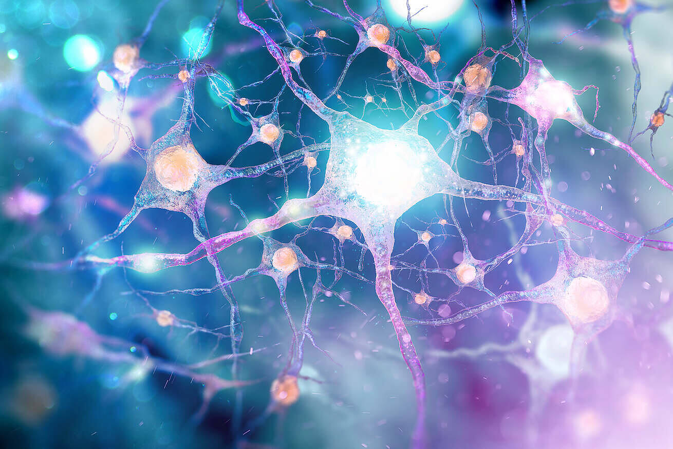 Colorful visualization of neural networks with glowing neurons and synapses in blue and purple hues, representing potential effects of DMT on brain connectivity