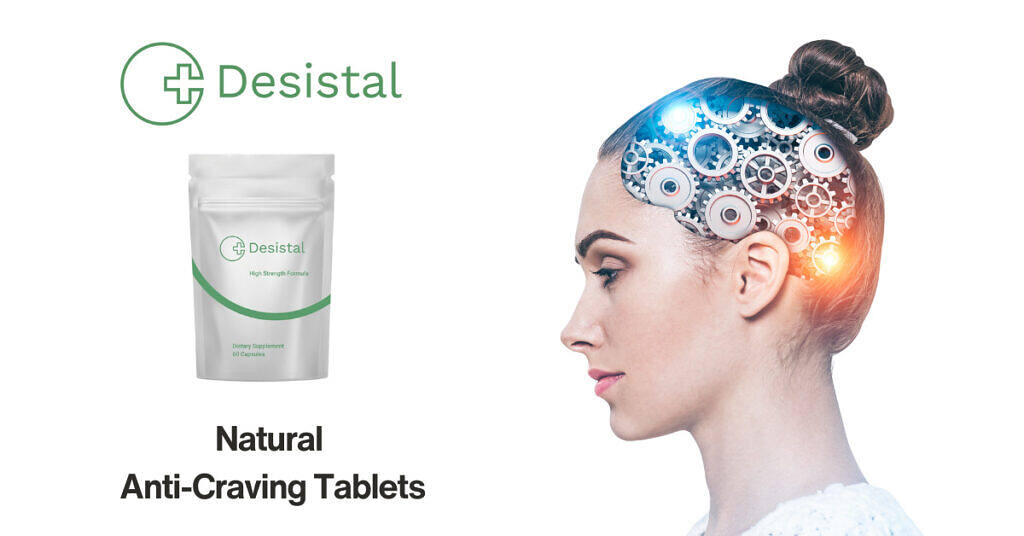 Photo of a woman with cogs in her head to represent her brain functioning beside a packet of desistal tablets to stop drinking and green desistal logo and anticraving tablets written below