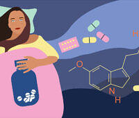 Illustration of a woman in bed holding a pill bottle, surrounded by various pills and chemical structures, depicting prescription drug addiction