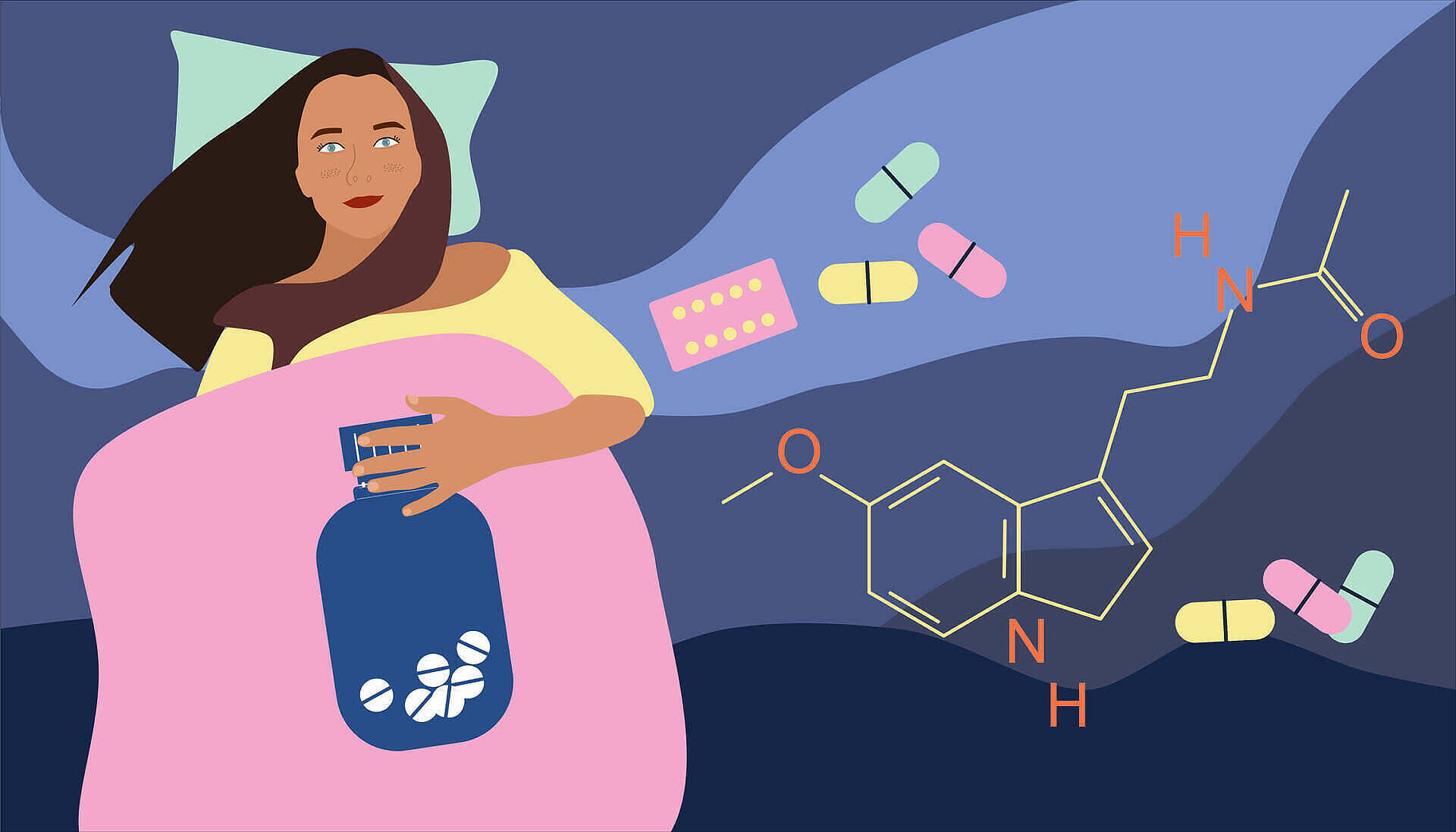 Illustration of a woman in bed holding a pill bottle, surrounded by various pills and chemical structures, depicting prescription drug addiction