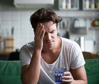 A man holding his head in pain while sitting on a couch, experiencing an alcohol-induced headache, and holding a glass of water