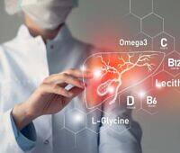 Medical professional pointing at digital illustration of liver with labeled vitamins and nutrients including Omega3, Vitamin C, B12, D, B6, Lecithin, and L-Glycine for liver repair