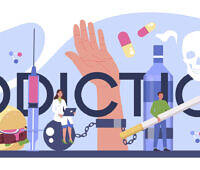 Illustration depicting various addictive substances including alcohol, pills, cigarettes, and junk food, with medical professionals and addiction symbolism