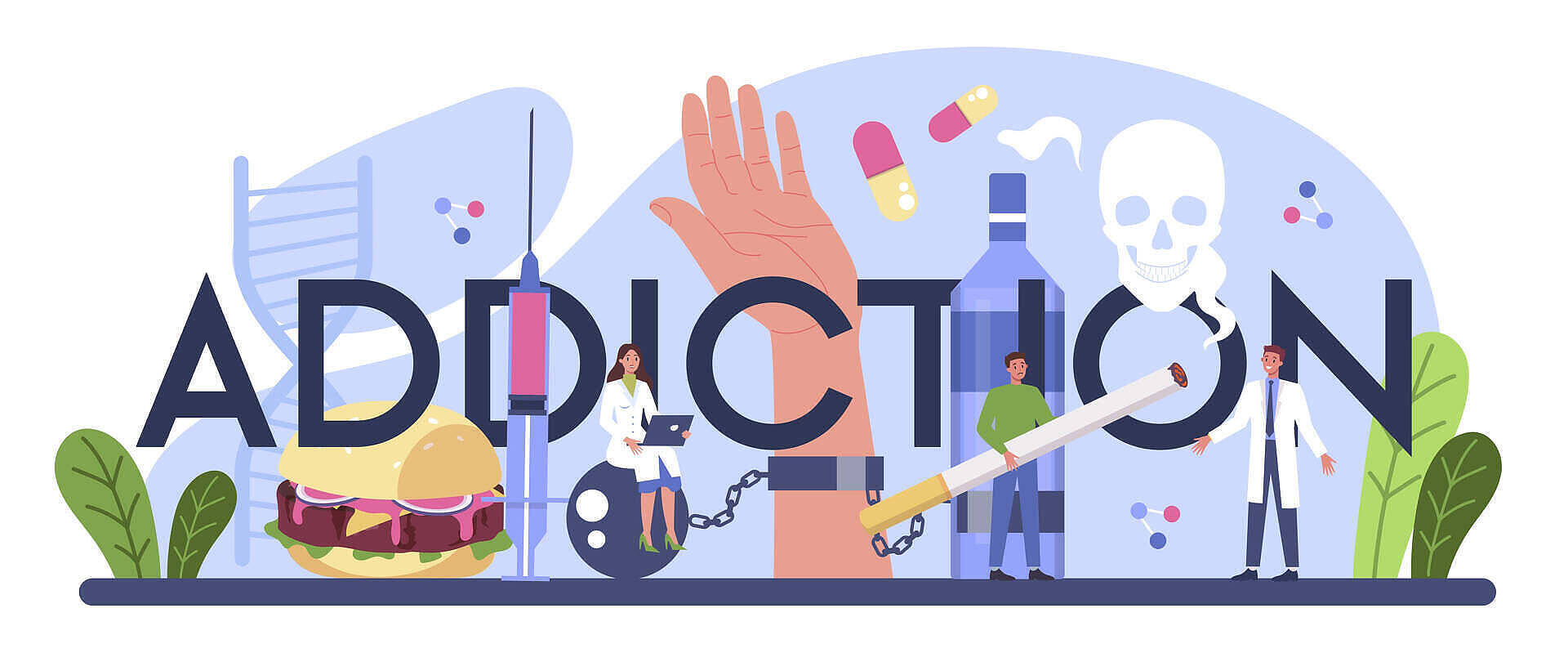 Illustration depicting various addictive substances including alcohol, pills, cigarettes, and junk food, with medical professionals and addiction symbolism