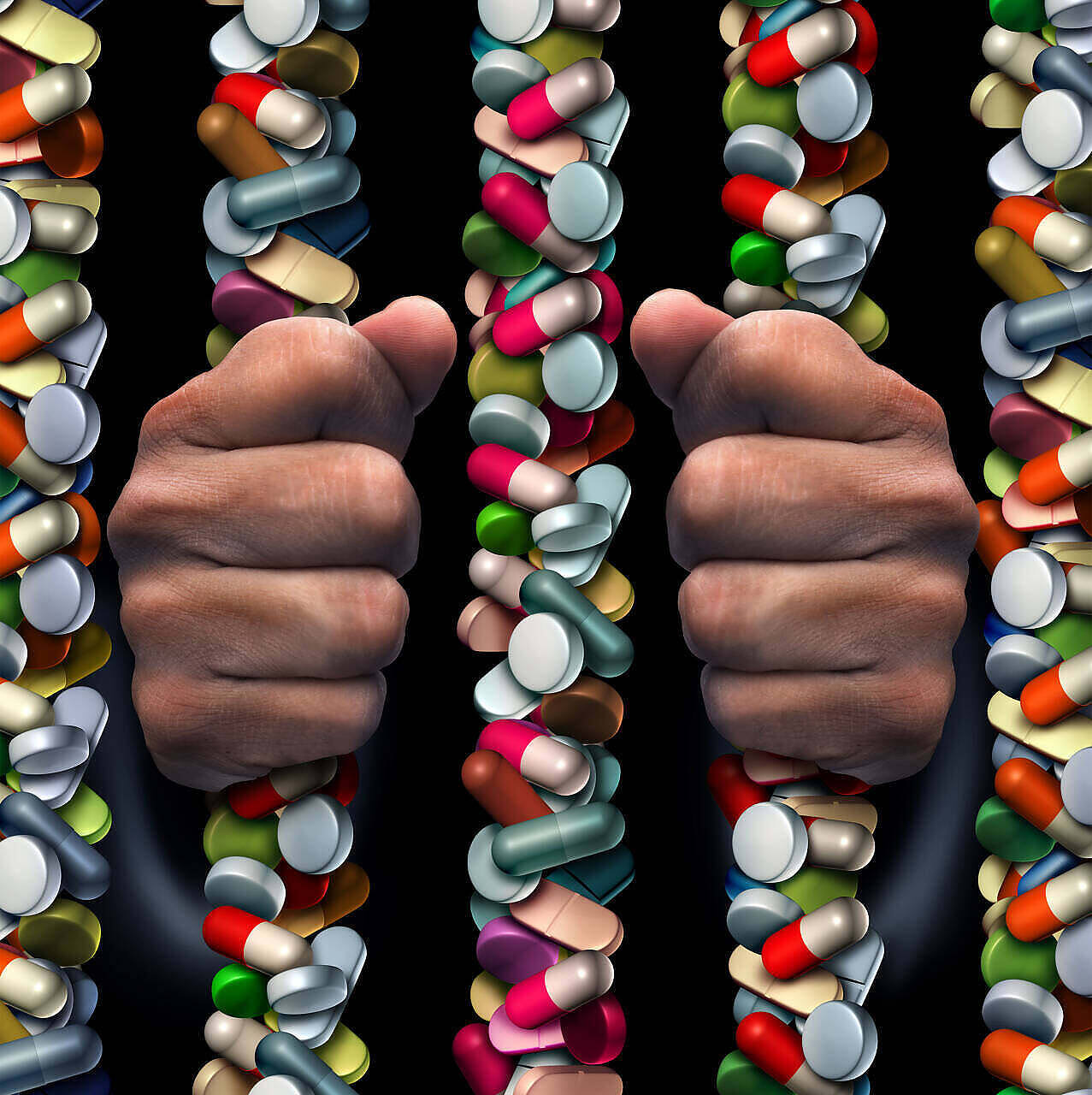 Hands gripping chains made of colorful pills and capsules, symbolizing the powerful grip of prescription drug addiction