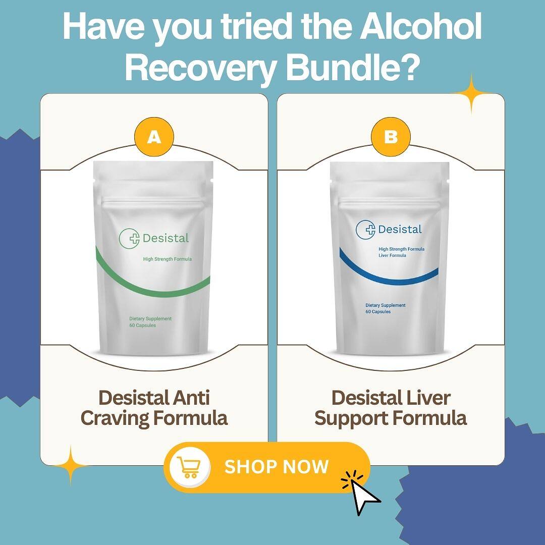 Two silver pouches of Desistal Alcohol Recovery Pills with a shop now button below