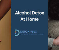 man hugging a woman in a grey top looking sad on other side image of a man and woman holding hands in the middle text saying alcohol detox at home with detox plus logo at the bottom