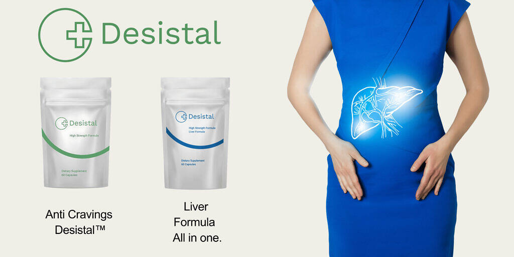 Desistal banner liver formula and anticravings forumla packets woman in a blue dress hands over glowing representation of liver