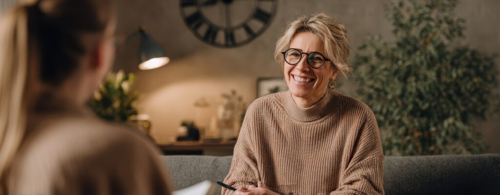 The friendly woman engaging in a thoughtful conversation during a cozy therapy session.