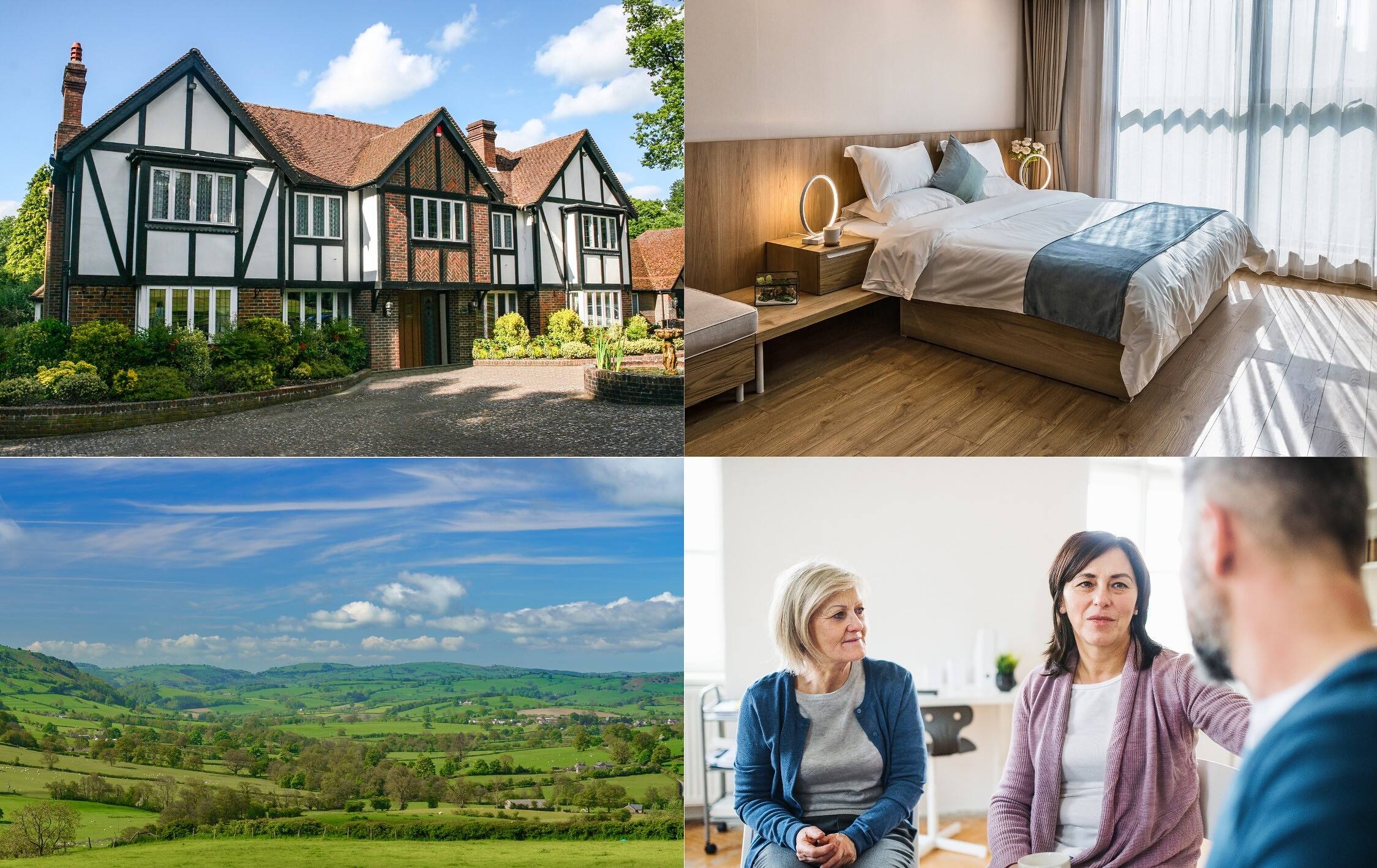 Collage of alcohol rehab center features: Tudor-style building exterior, cosy modern bedroom, scenic countryside view, and supportive group therapy session