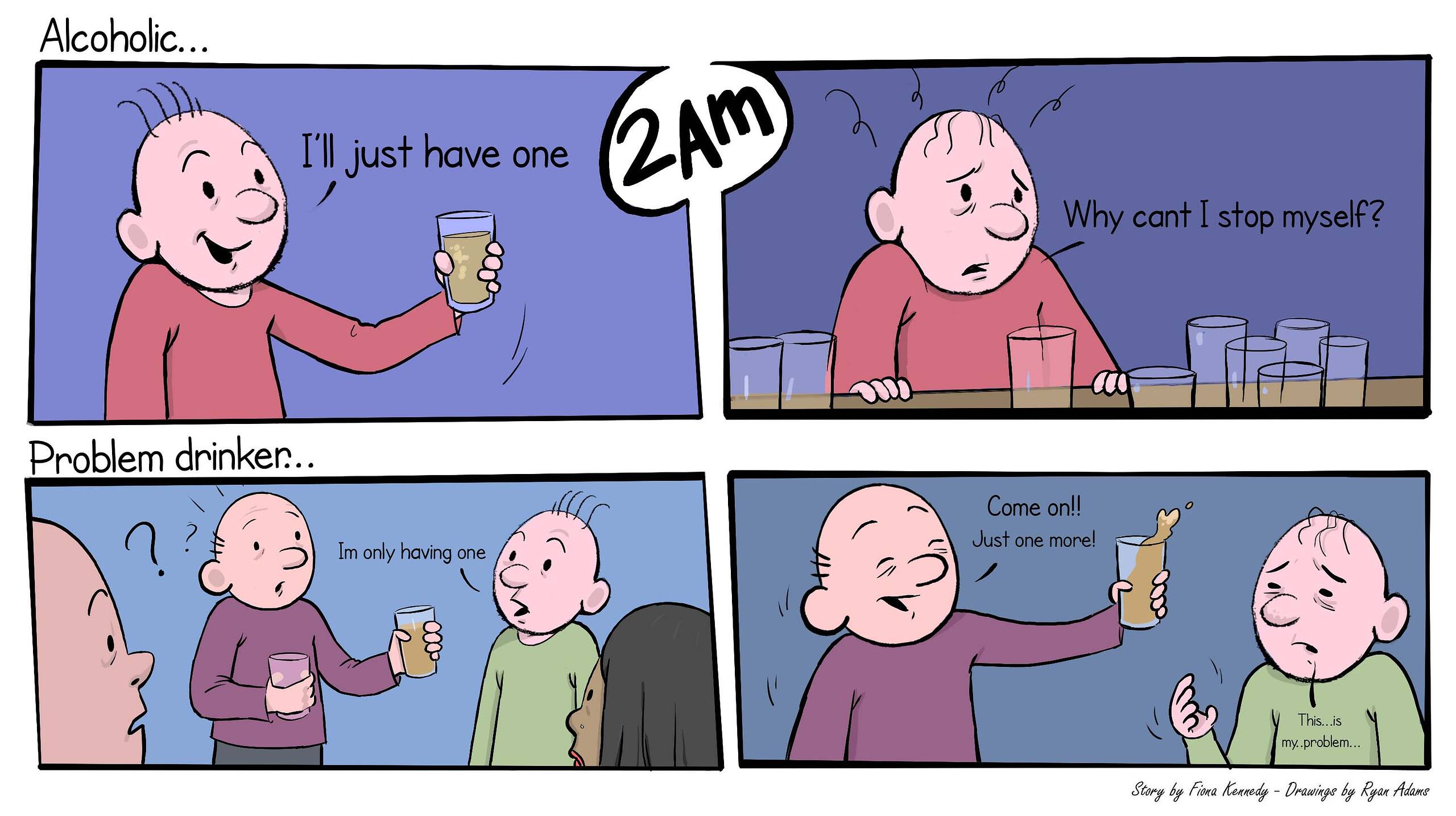 Comic strip comparing an alcoholic's inability to stop drinking with a problem drinker's social pressure, illustrating the challenge of controlled drinking