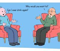 Cartoon illustration of a therapy session where a patient asks 'Can I ever drink again?' and the therapist responds 'Why would you want to?