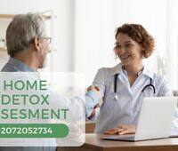 Doctor assessing a patient for a home alcohol detox text overlay saying home detox assessment and phone number