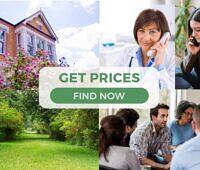 Collage of rehab services: residential facility, medical professional, support group, nature therapy, with 'Get Prices Find Now' button