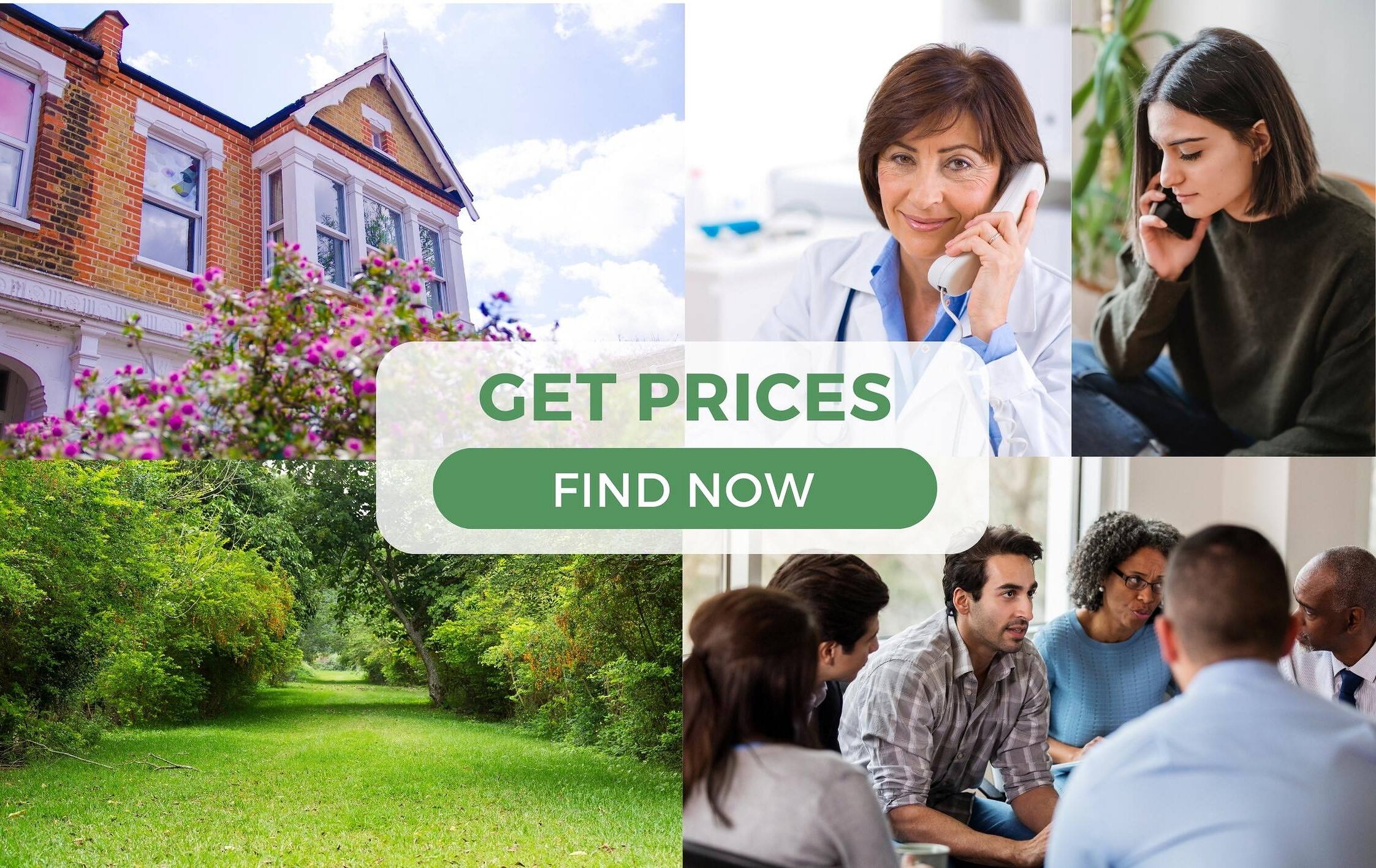 Collage of rehab services: residential facility, medical professional, support group, nature therapy, with 'Get Prices Find Now' button