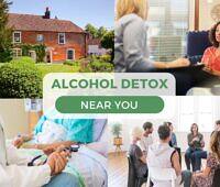 A collage of images depicting alcohol detox services, including a serene facility, a consultation session, medical care, and a support group meeting.