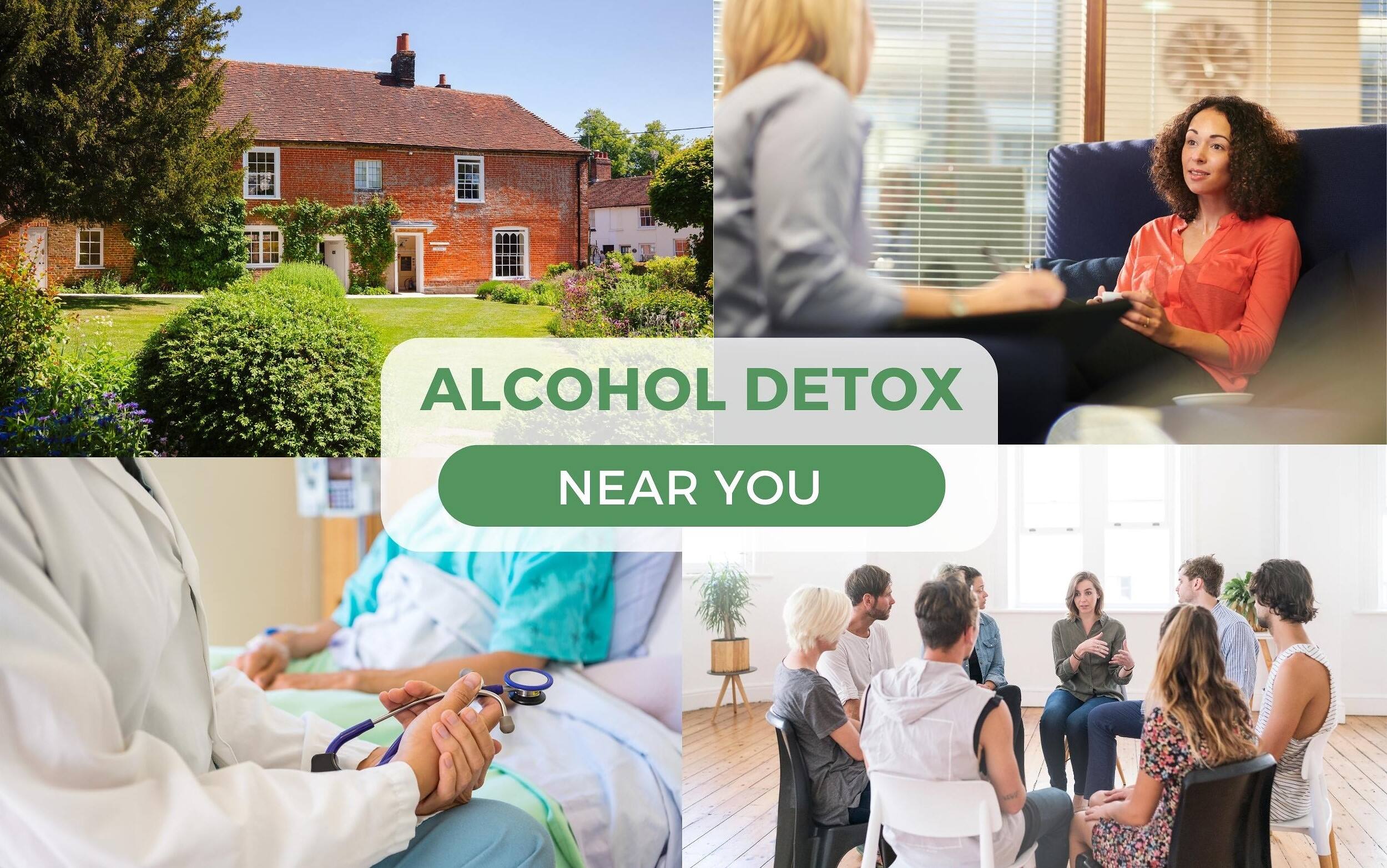A collage of images depicting alcohol detox services, including a serene facility, a consultation session, medical care, and a support group meeting.