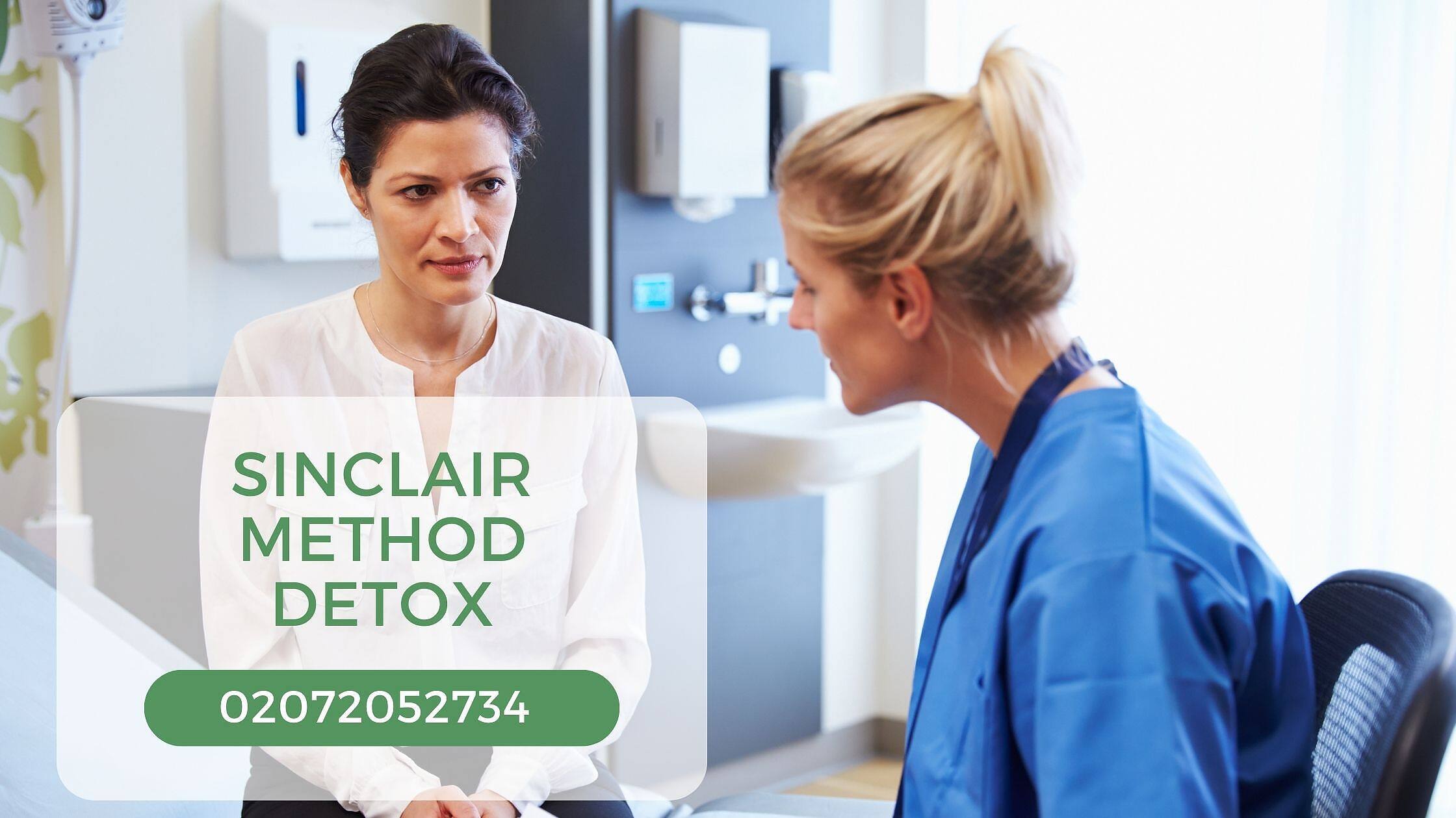 Patient discussing Sinclair Method detox with healthcare provider in clinical setting, phone number displayed