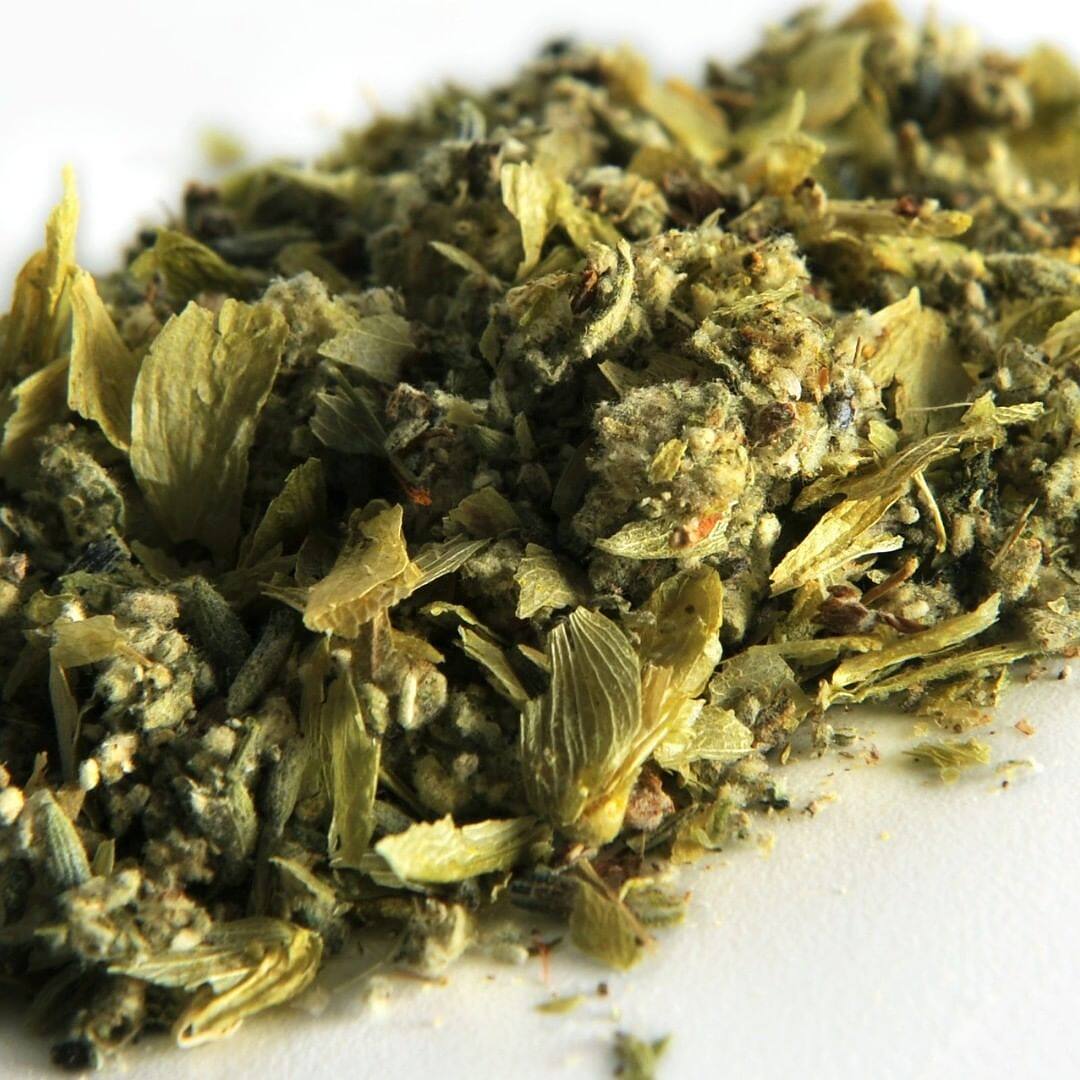 Close-up of dried Spice (K2) synthetic cannabinoid drug, showing green herb-like appearance