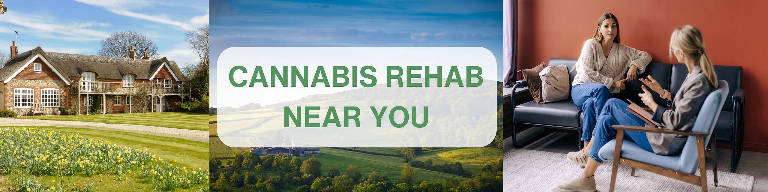 Collage showing a countryside rehab facility, rural landscape, and a therapy session for cannabis addiction treatment