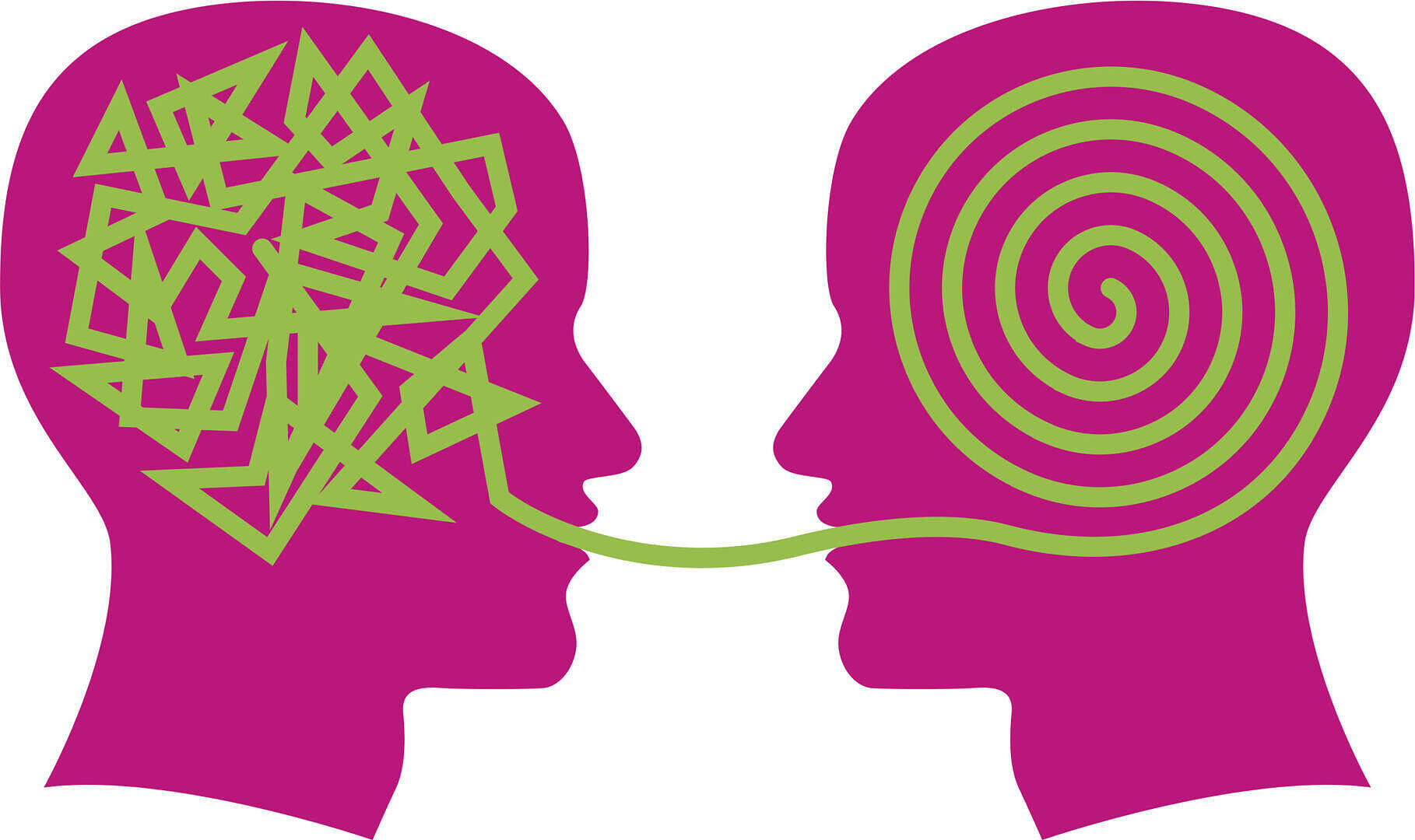 Illustration of two purple silhouette heads facing each other. One head contains chaotic green lines, while the other has an organized green spiral, connected by a green line, representing the transformation process in cognitive behavioral therapy