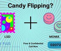 Infographic showing LSD and MDMA symbols with 'Candy Flipping?' text, warning about drug combination risks