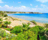 Scenic Cyprus coastline with crystal-clear blue water, sandy beach, and Mediterranean vegetation, perfect for rehabilitation