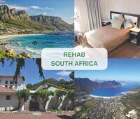 Collage of South African rehab facilities showing scenic coastal views, comfortable bedroom, and luxurious treatment center exterior