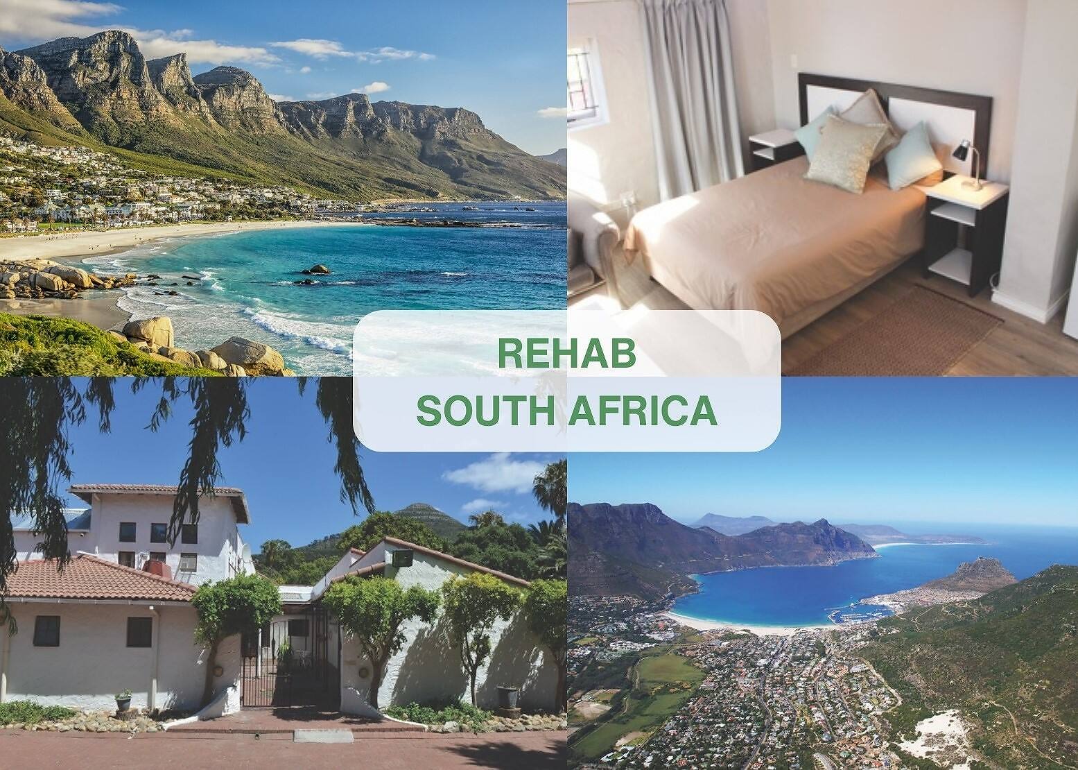 Collage of South African rehab facilities showing scenic coastal views, comfortable bedroom, and luxurious treatment center exterior