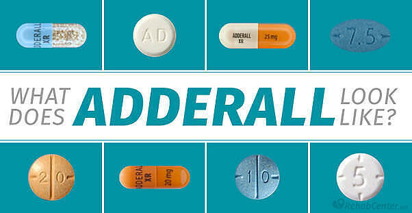 Infographic showing 8 different Adderall pills and capsules with various colors, shapes, and markings, illustrating what Adderall looks like