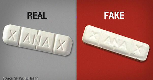 Comparison image showing a real Xanax pill on the left (gray background) and a fake Xanax pill on the right (red background). The real pill has clear, defined edges and markings, while the fake pill appears smoother and less defined