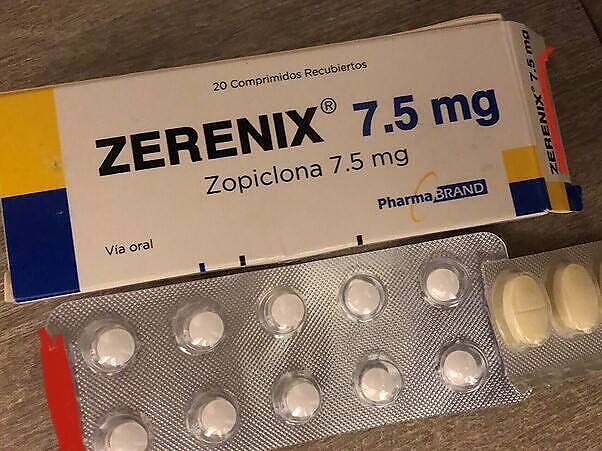 Box and blister pack of Zerenix (Zopiclone 7.5mg) tablets, a prescription sleep medication, showing 20 coated tablets