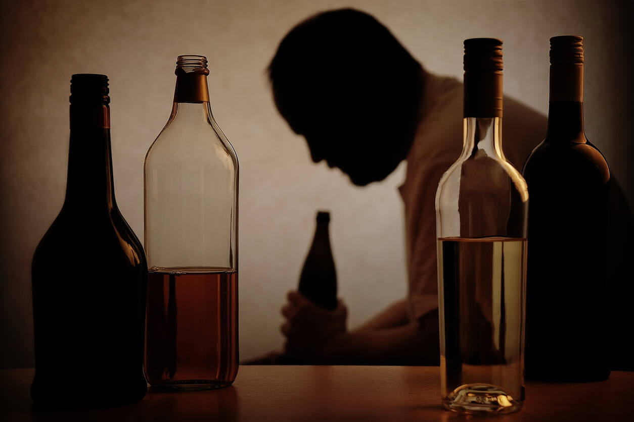 A silhouette of a man sitting with bottles of alcohol, symbolizing the challenges of alcohol addiction.