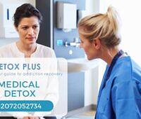 Doctor and nurse discussing medical detox treatment in a clinical setting with Detox Plus logo and contact information