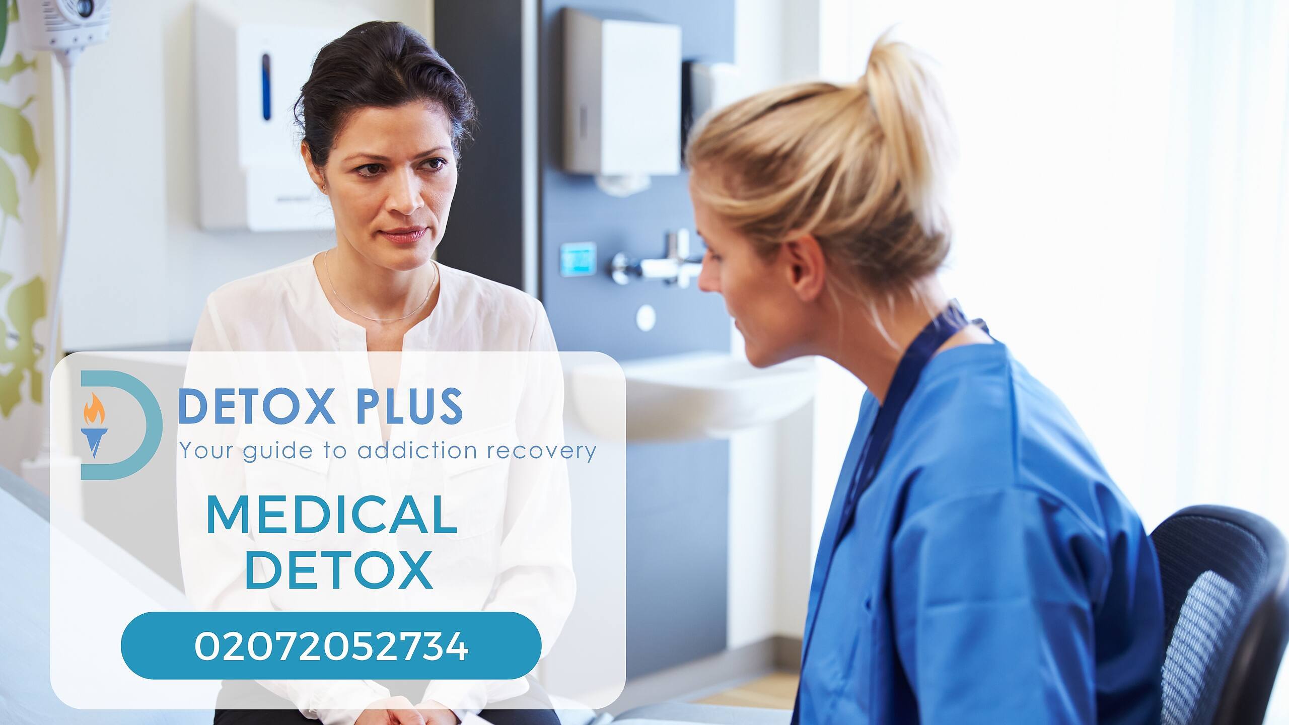 Doctor and nurse discussing medical detox treatment in a clinical setting with Detox Plus logo and contact information