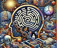 Surreal illustration of a human head with a maze inside, surrounded by various symbols representing addiction, time, and recovery