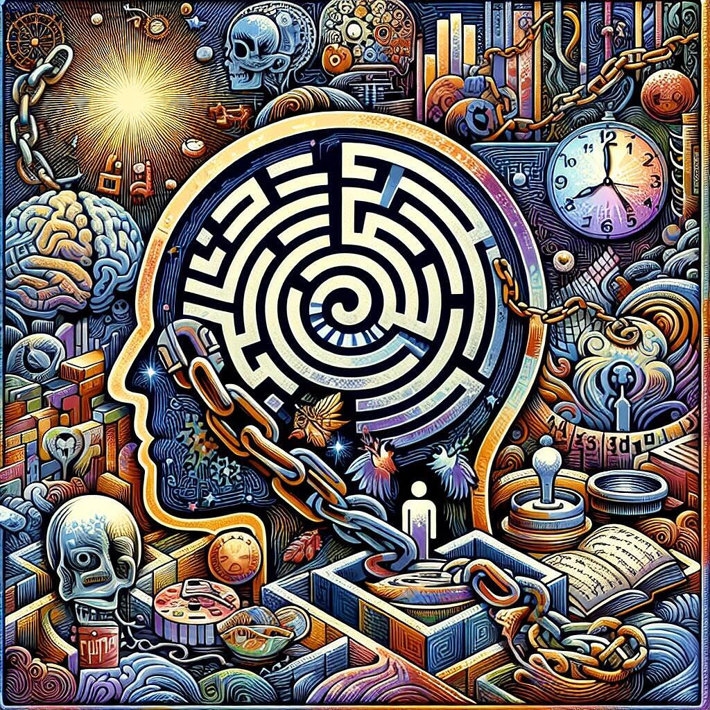 Surreal illustration of a human head with a maze inside, surrounded by various symbols representing addiction, time, and recovery